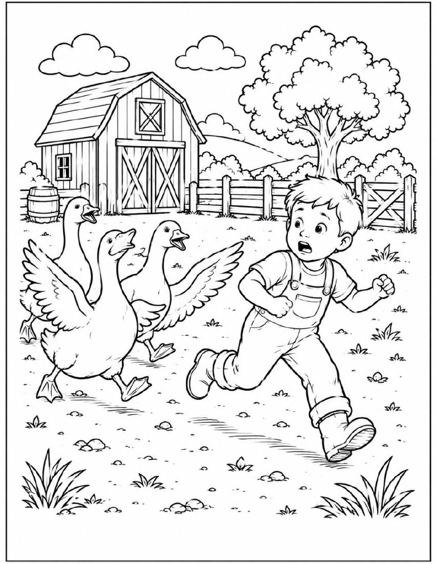 Farm Coloring Page 48 — Boy Chased by Geese cover