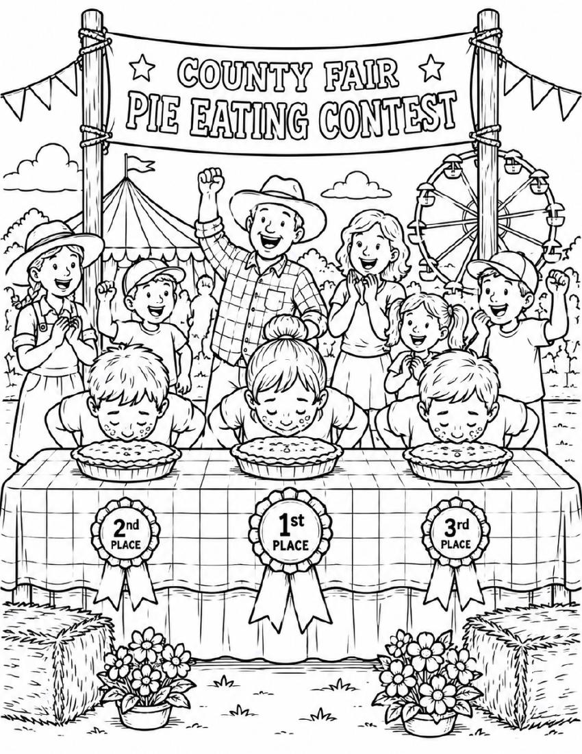 Farm Coloring Page 04 — County Fair Pie Eating Contest cover