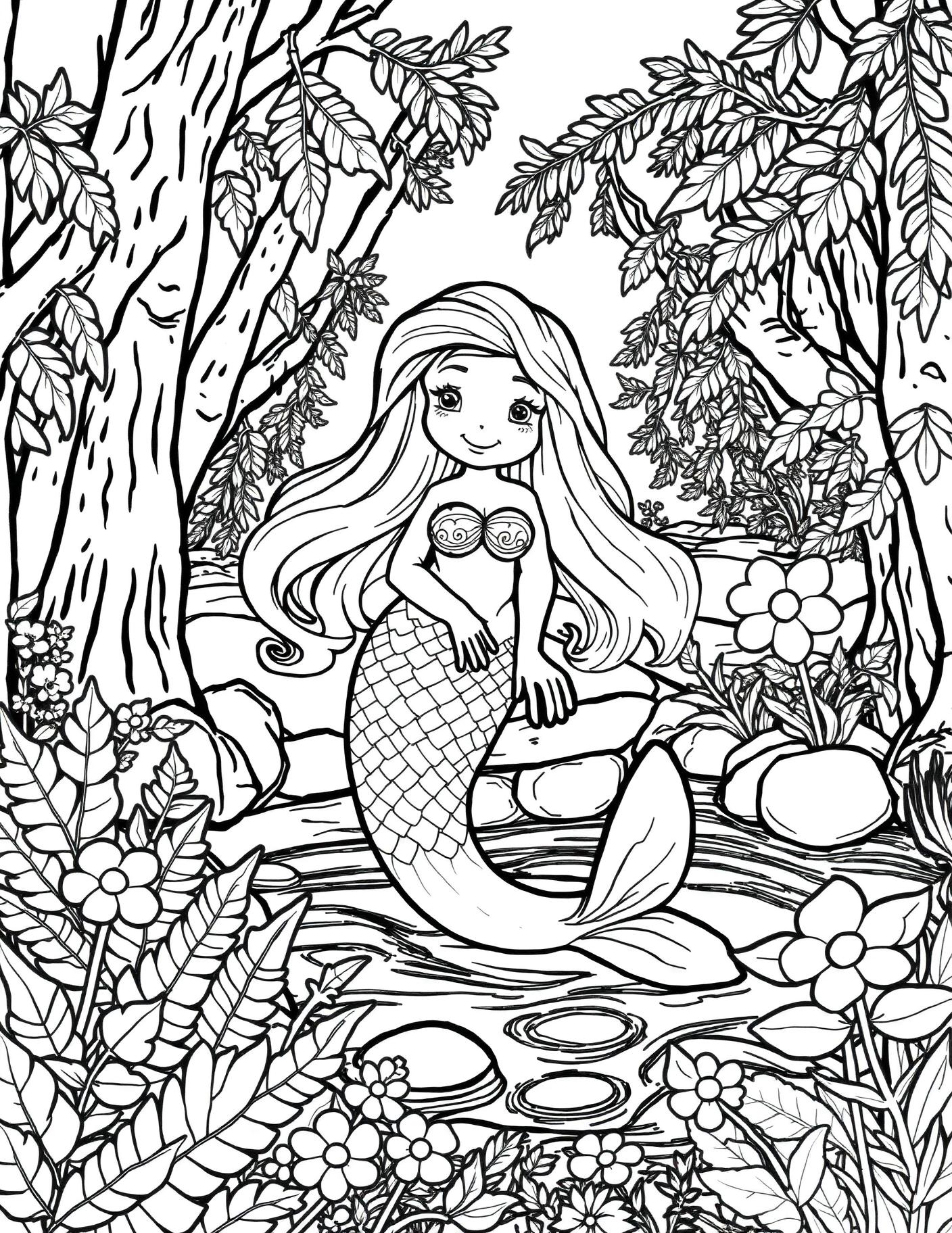 Little Mermaid in a Forest Stream Coloring Page cover