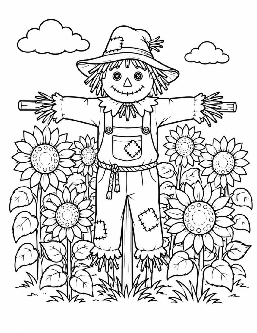 Farm Coloring Page 08 — Scarecrow & Sunflowers cover