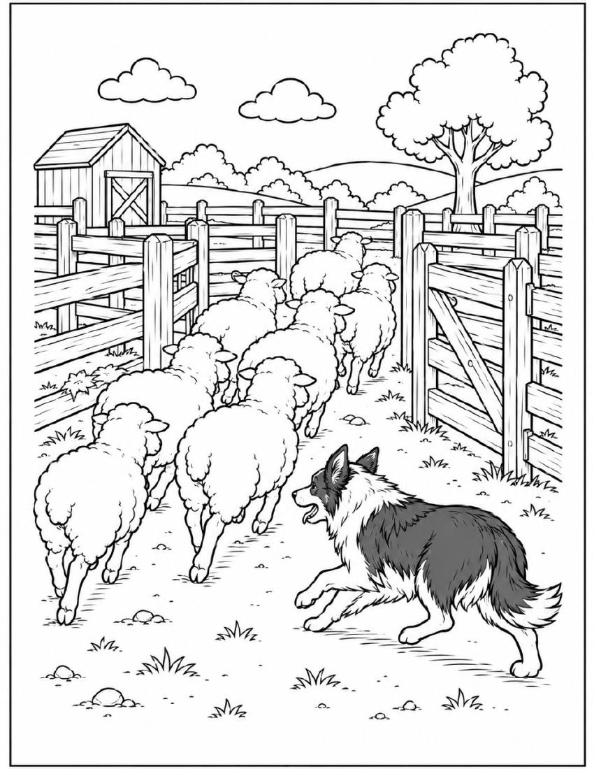 Farm Coloring Page 43 — Sheepdog Herding Sheep cover