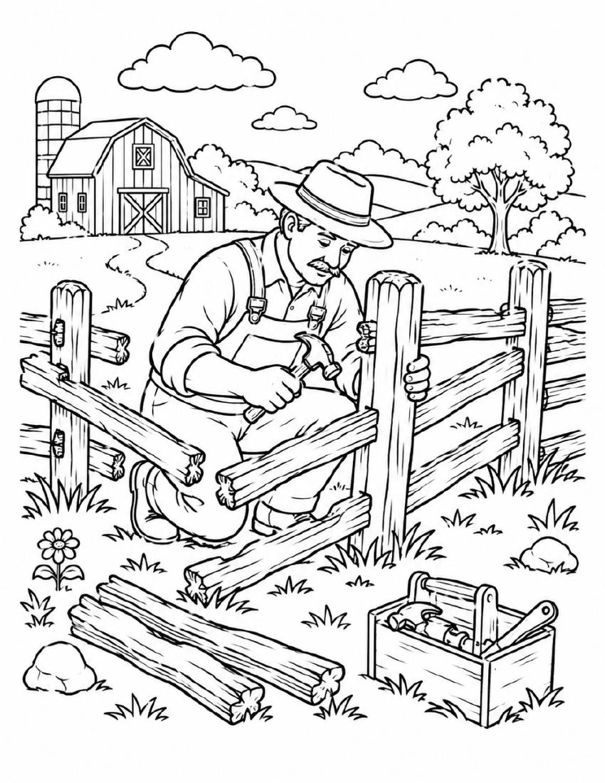 Farm Coloring Page 06 — Farmer Mending the Fence cover