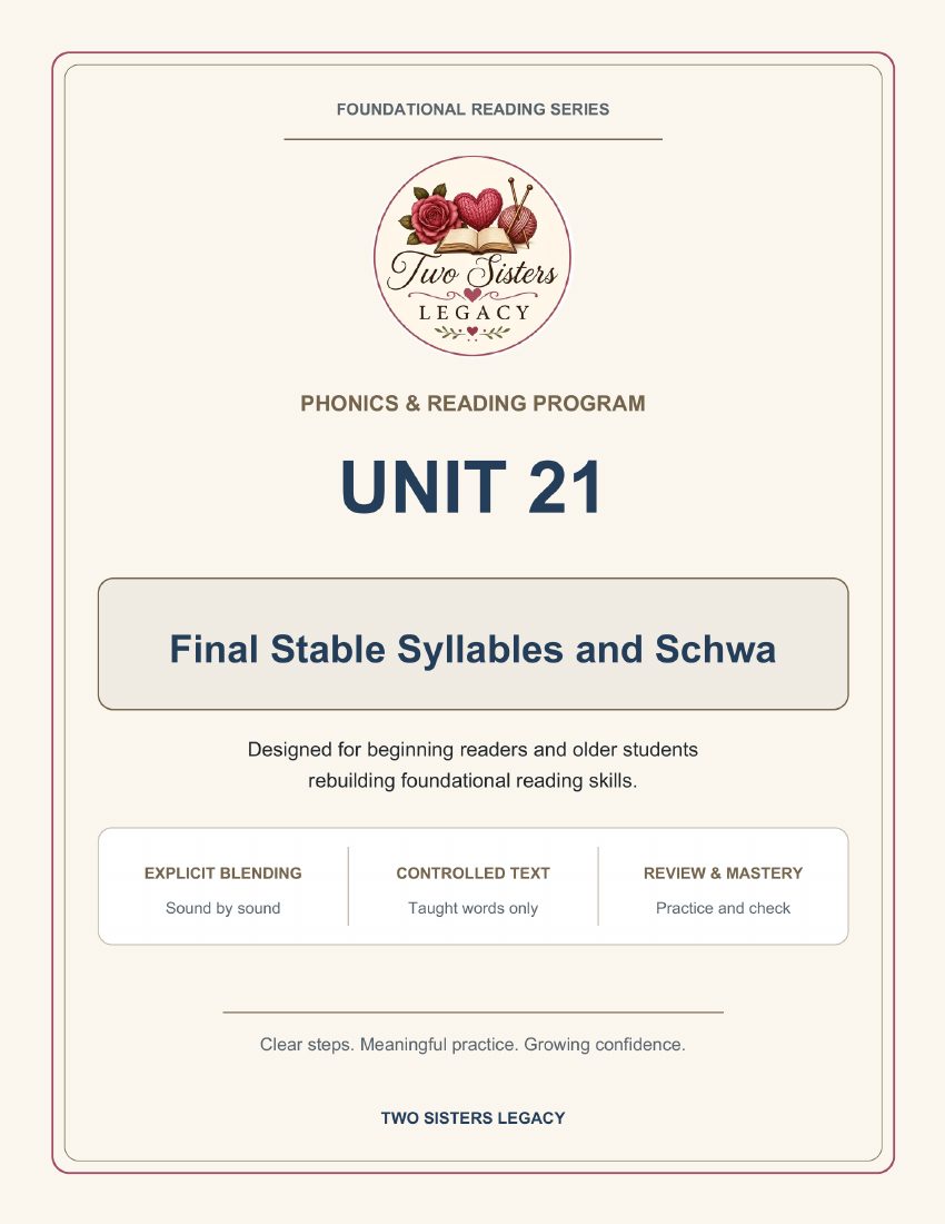 Reading Program Unit 21: Final Stable Syllables & Schwa cover