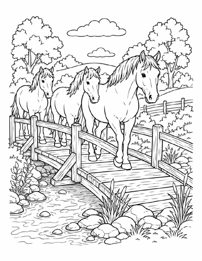 Farm Coloring Page 02 — Horses on the Bridge cover