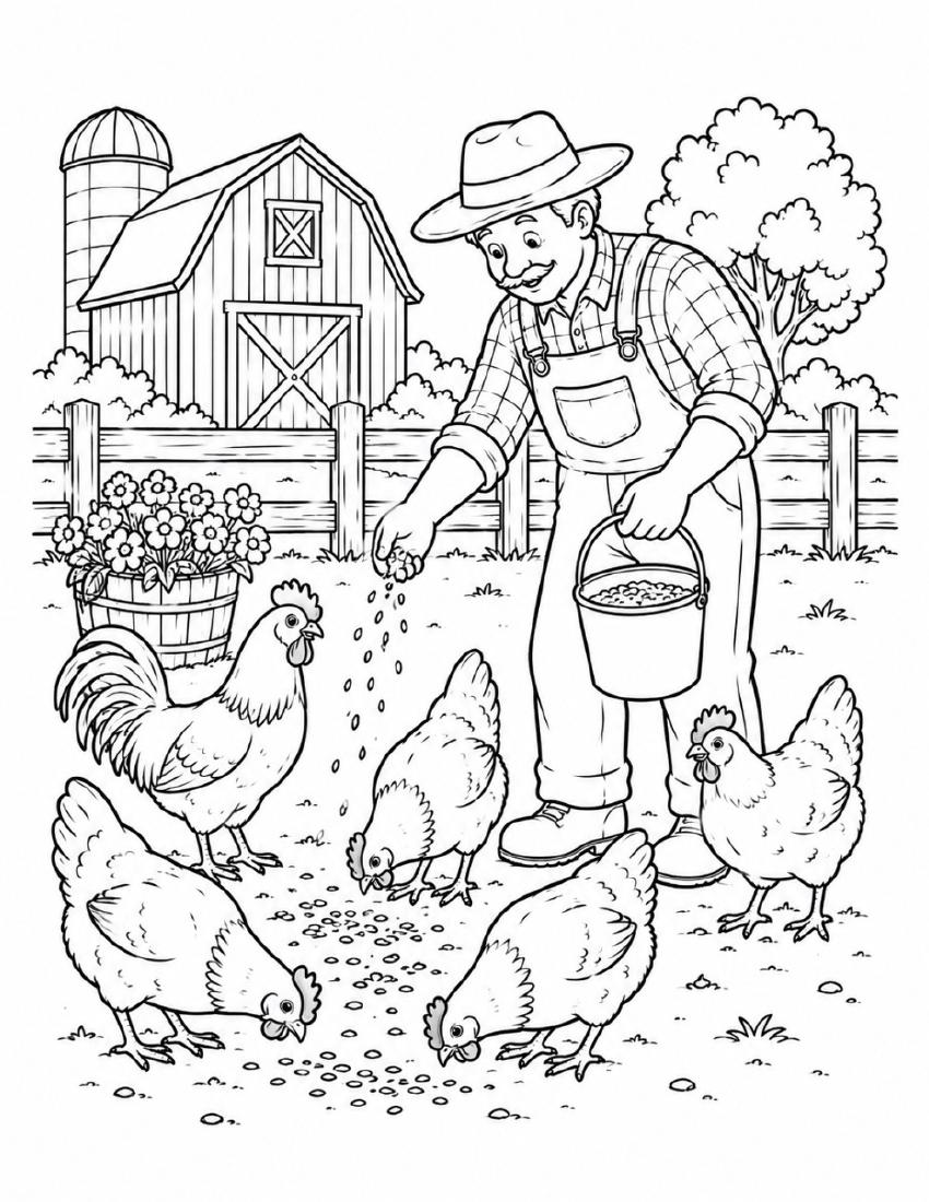 Farm Coloring Page 22 — Feeding the Chickens cover