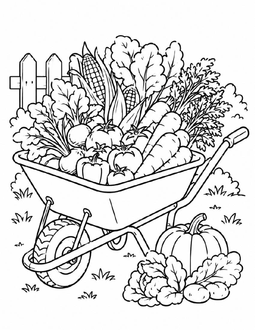 Farm Coloring Page 10 — Wheelbarrow of Vegetables cover