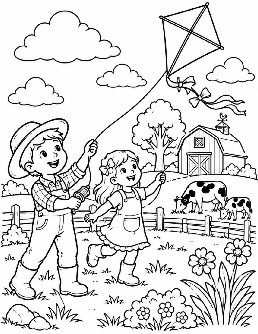 Farm Coloring Page 11 — Kids Flying a Kite cover