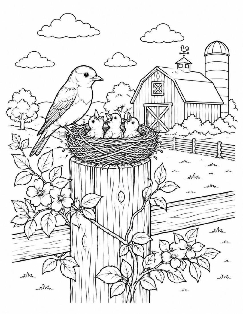 Farm Coloring Page 17 — Bird's Nest with Chicks cover