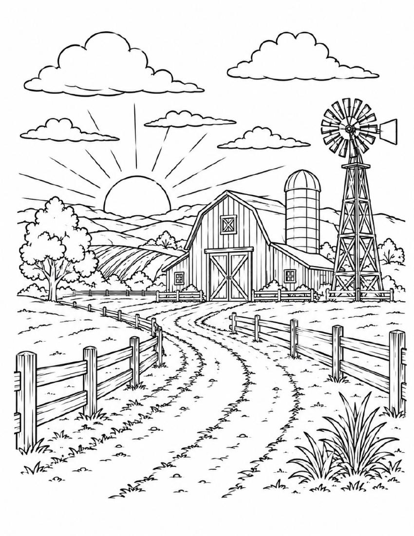 Farm Coloring Page 23 — Sunrise Over the Barn cover