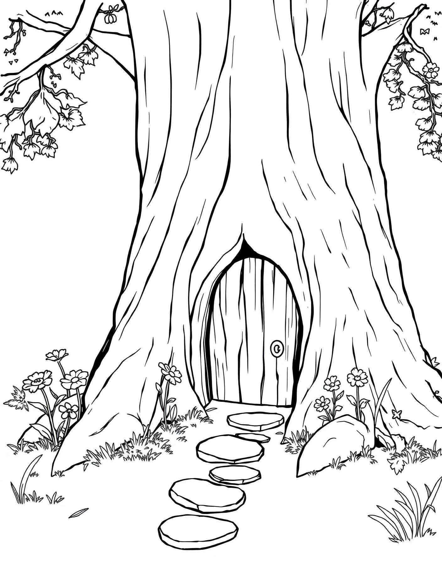 Hidden Cottage Door in a Tree Coloring Page cover