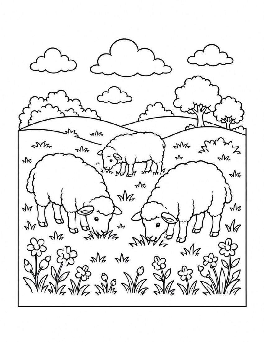 Farm Coloring Page 35 — Sheep Grazing on the Hills cover