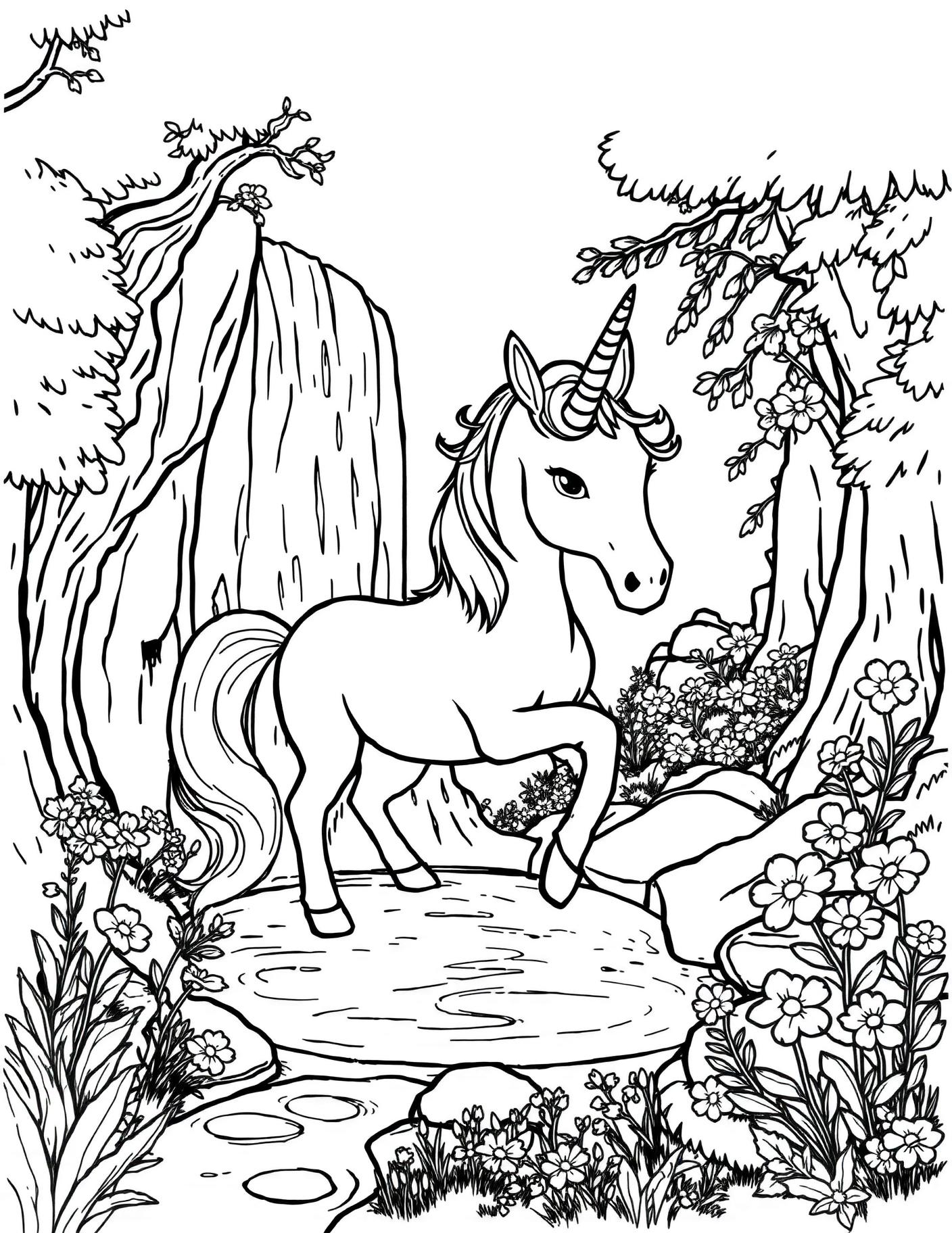 Unicorn at a Waterfall Coloring Page cover