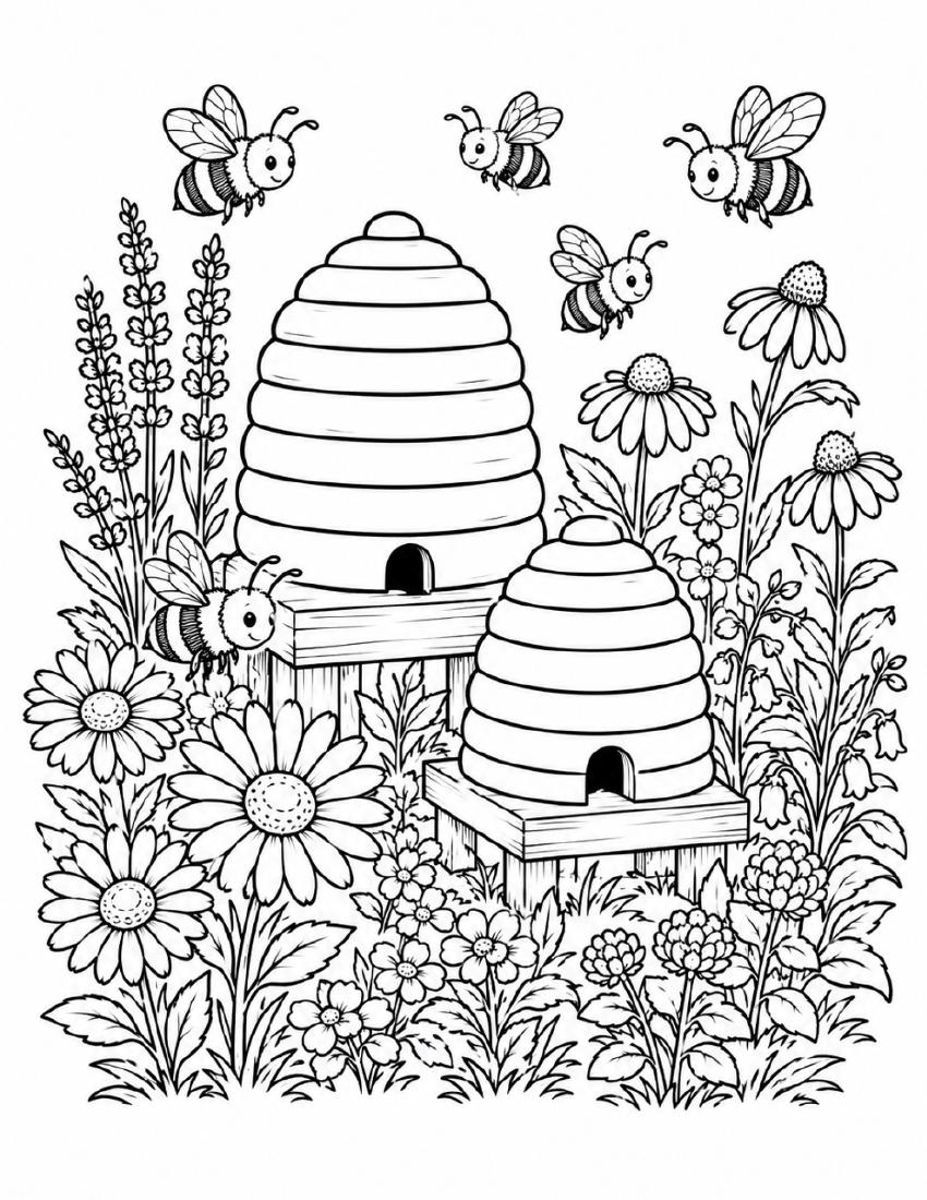 Farm Coloring Page 07 — Beehives in the Garden cover