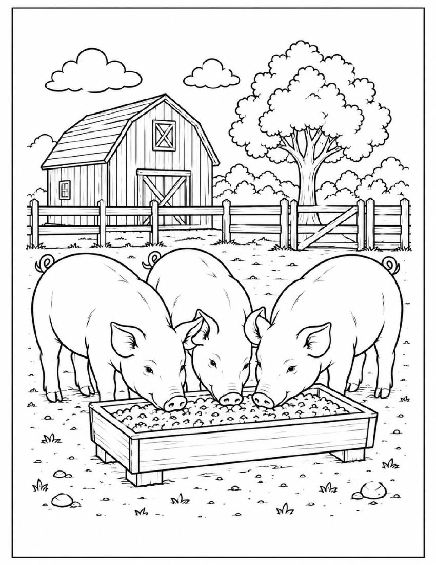 Farm Coloring Page 49 — Pigs at the Feeding Trough cover