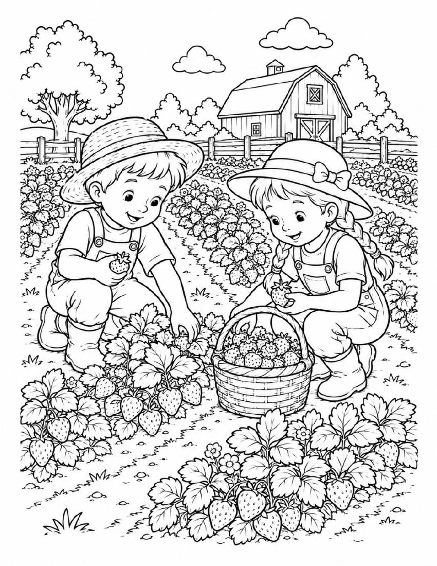 Farm Coloring Page 19 — Picking Strawberries cover