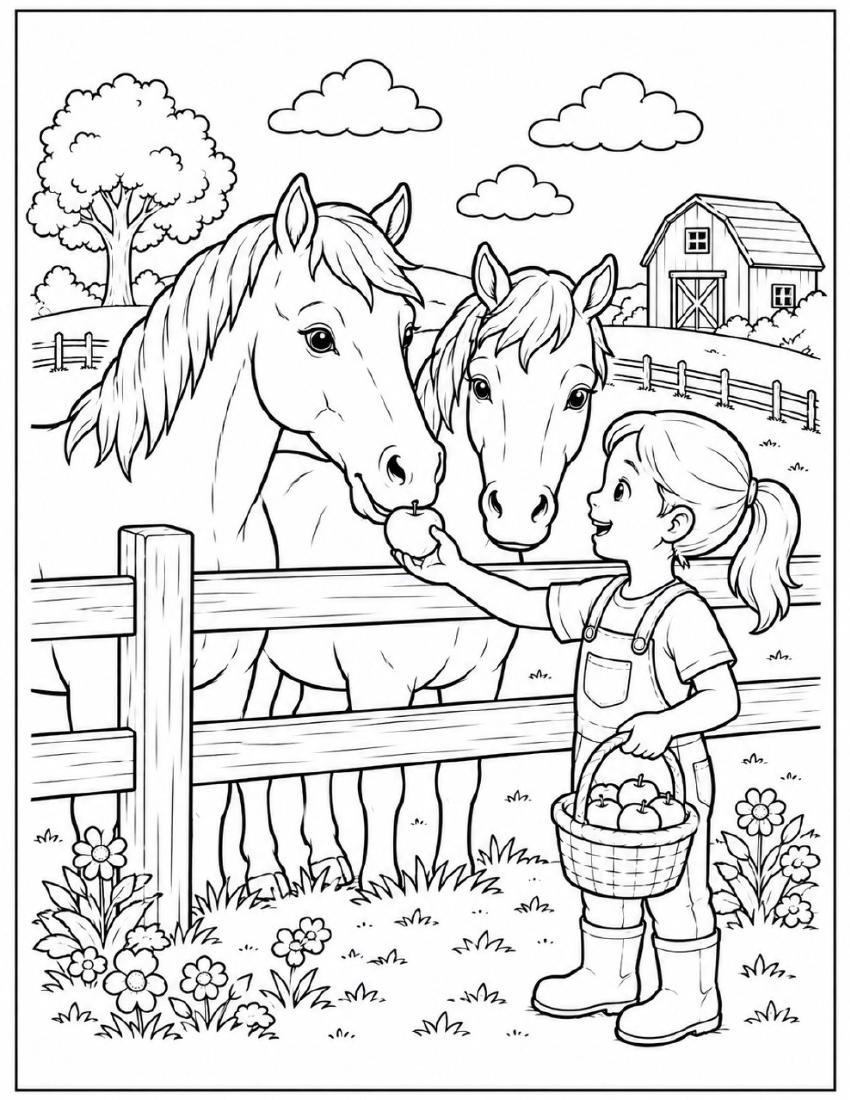 Farm Coloring Page 47 — Girl Feeding the Horses cover