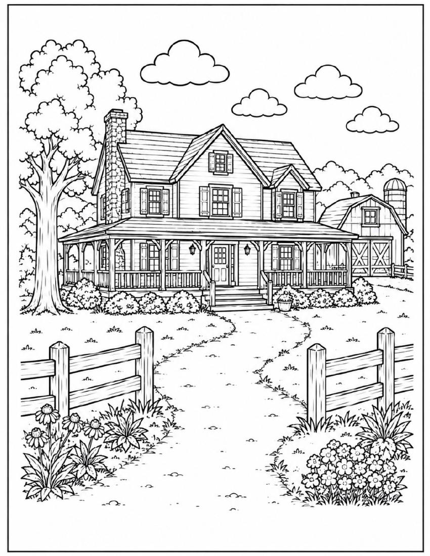 Farm Coloring Page 01 — Farmhouse & Country Lane cover