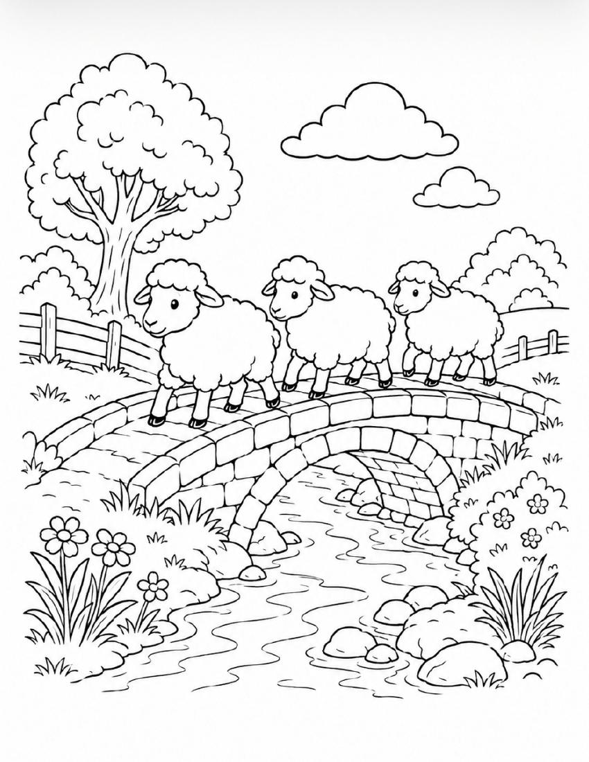 Farm Coloring Page 14 — Sheep on the Stone Bridge cover
