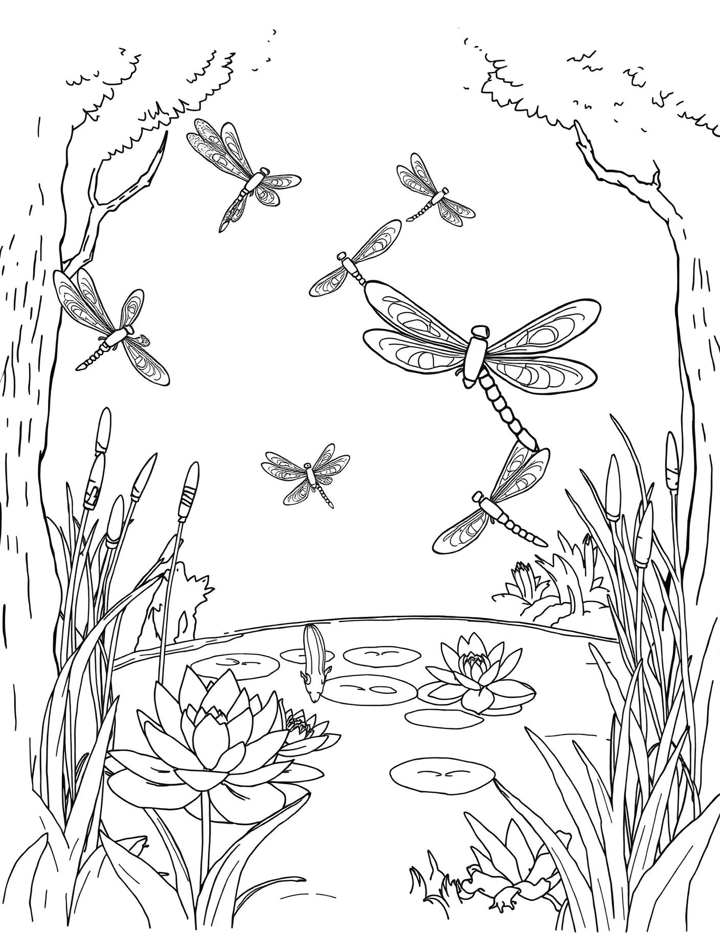 Dragonfly Over Water Lilies Coloring Page cover