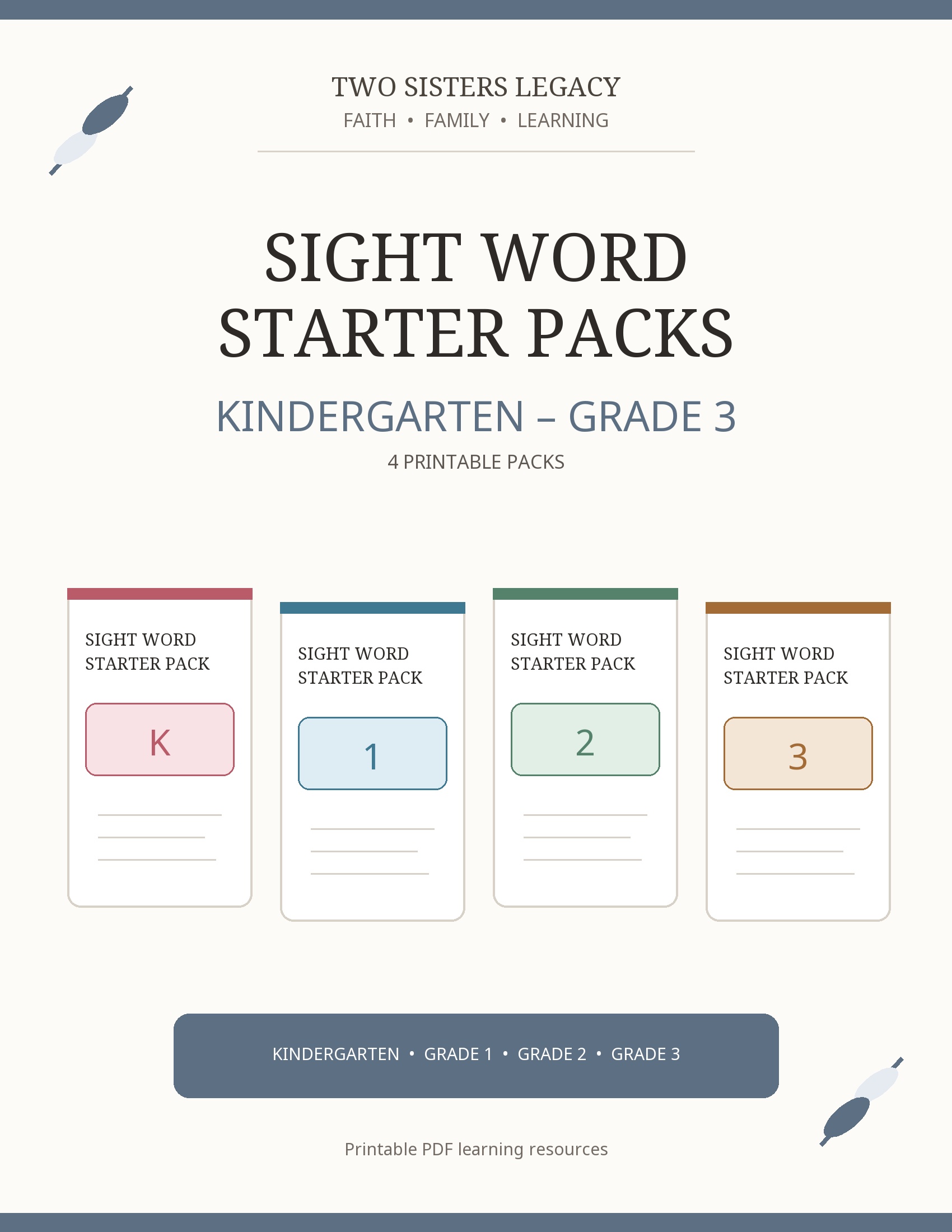 Sight Word Starter Packs — Kindergarten to Grade 3, four printable packs
