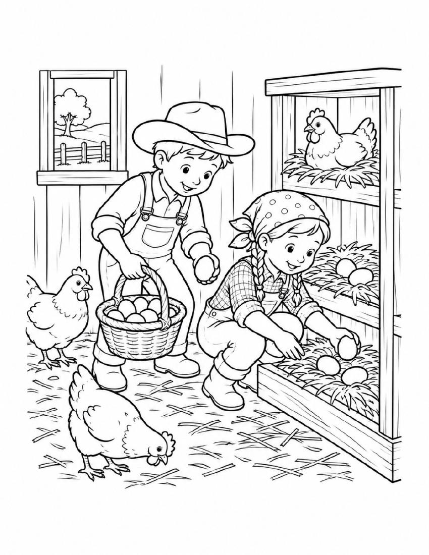 Farm Coloring Page 28 — Gathering Eggs in the Coop cover