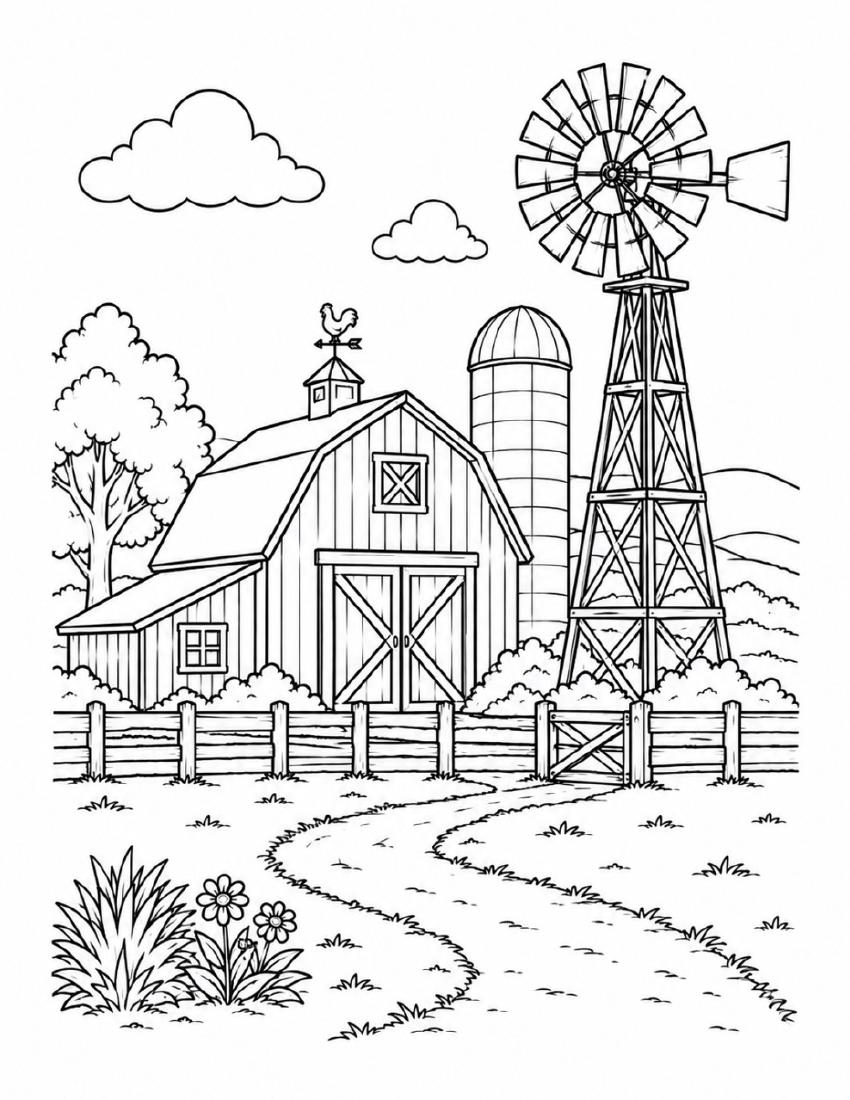 Farm Coloring Page 24 — Barn & Windmill at Dusk cover