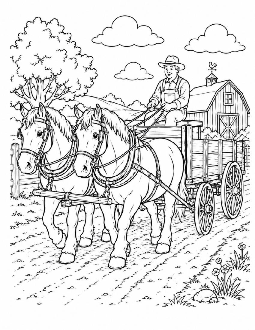 Farm Coloring Page 18 — Horse-Drawn Wagon cover