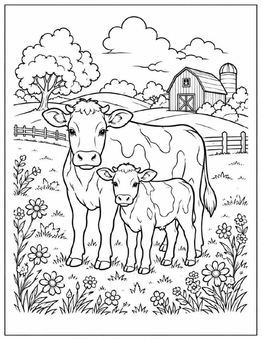 Farm Coloring Page 46 — Cow & Calf in the Meadow cover