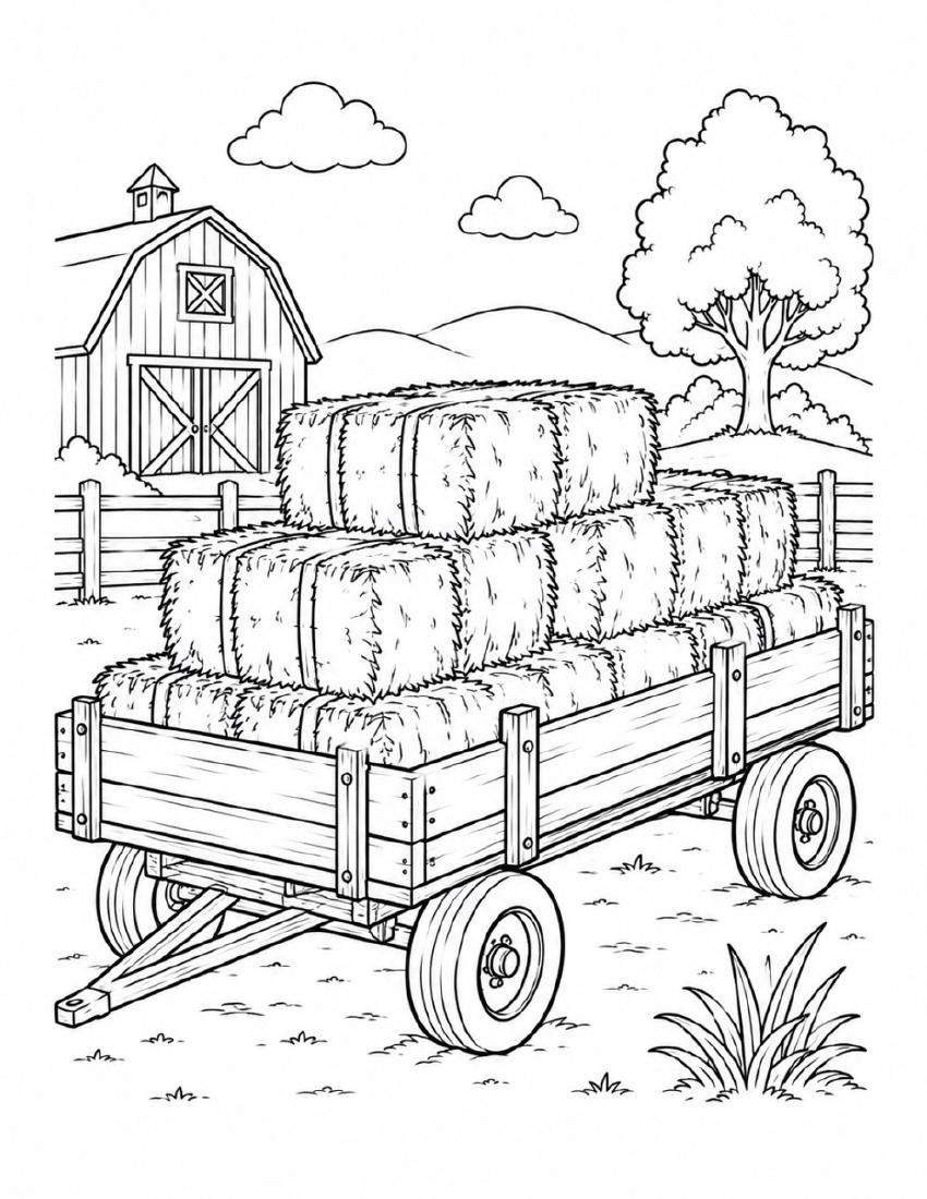 Farm Coloring Page 25 — Wagon of Hay Bales cover