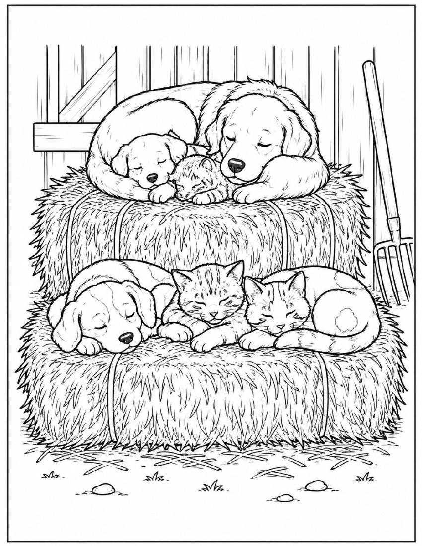 Farm Coloring Page 42 — Puppies & Kittens on the Hay cover