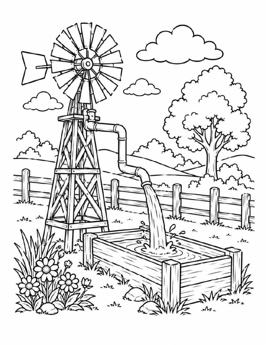 Farm Coloring Page 03 — Windmill & Water Trough cover