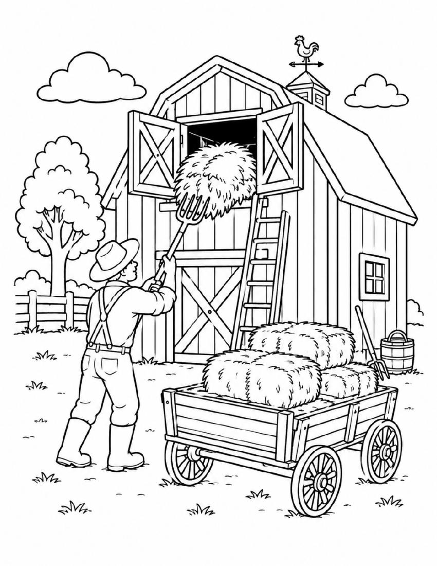 Farm Coloring Page 12 — Loading the Hay Wagon cover