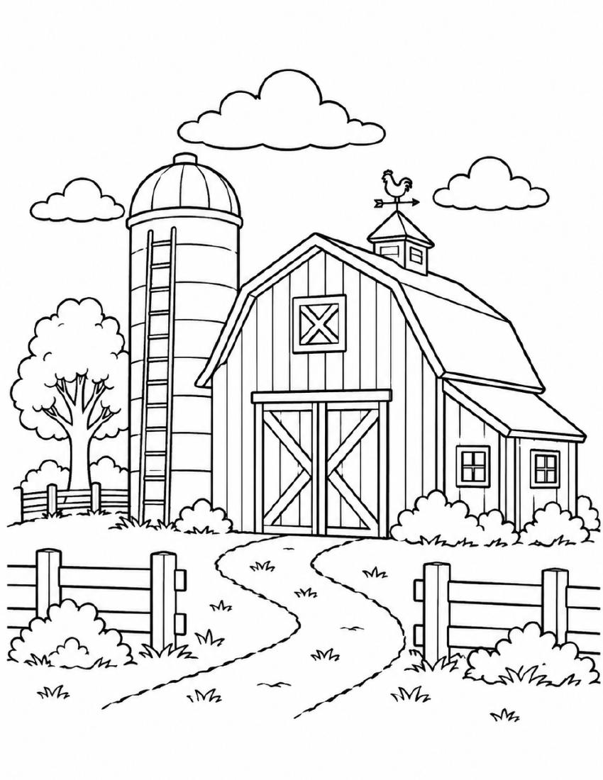 Farm Coloring Page 13 — Big Red Barn & Silo cover