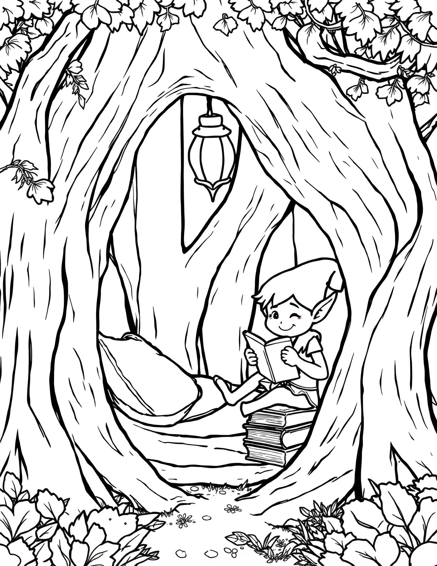 Elf's Reading Nook Coloring Page cover