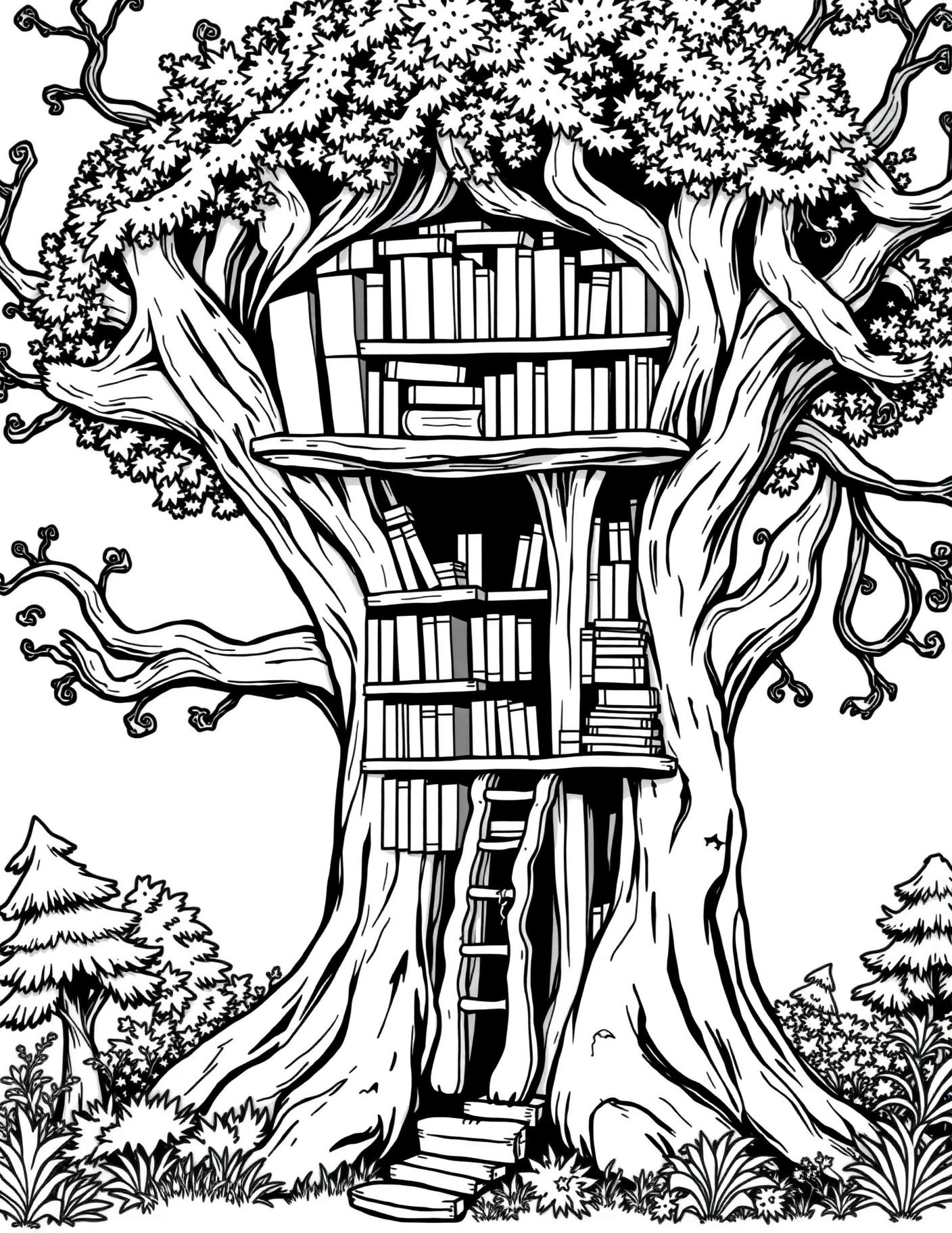 Enchanted Library Tree Coloring Page cover