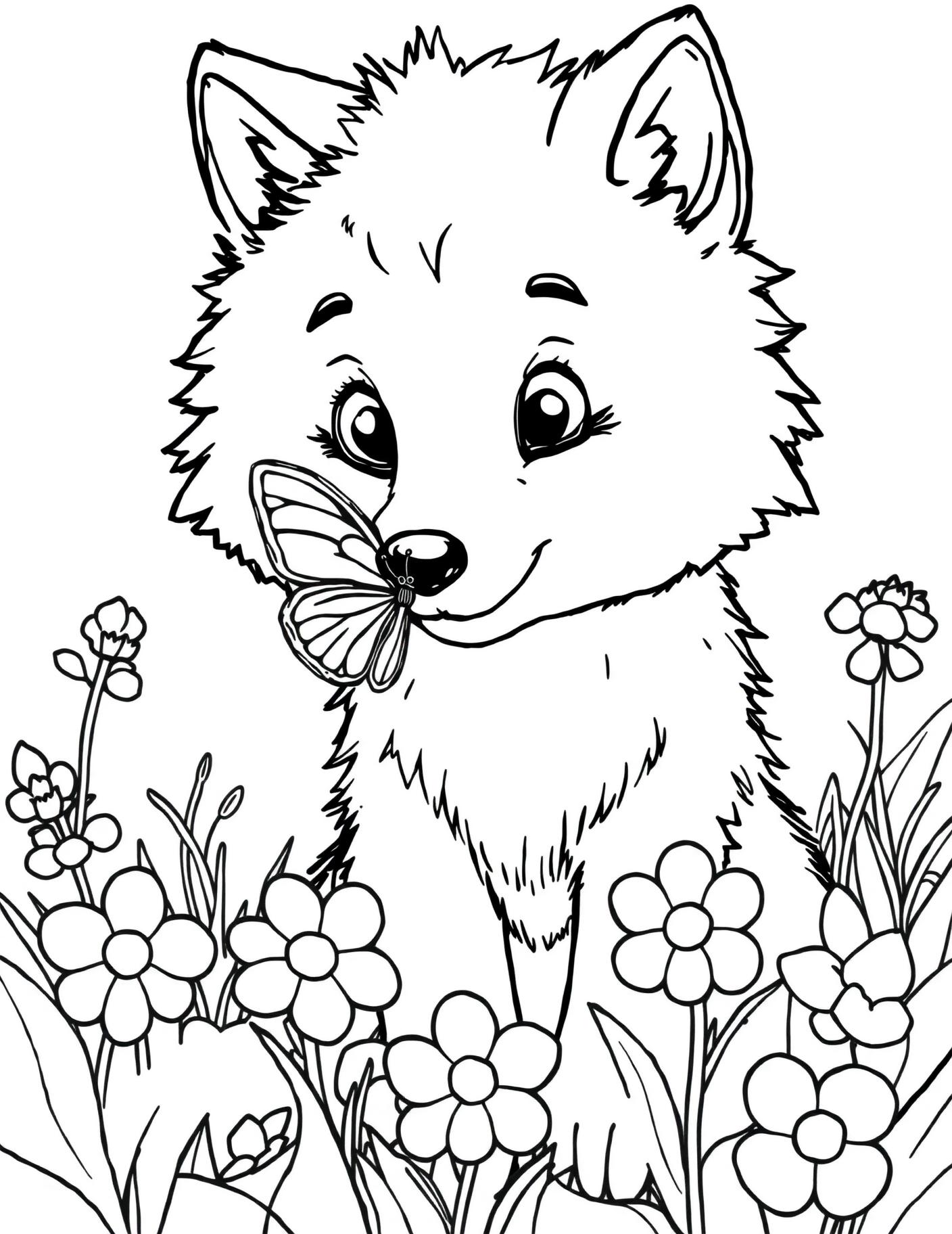 Wolf Pup and Butterfly Coloring Page cover