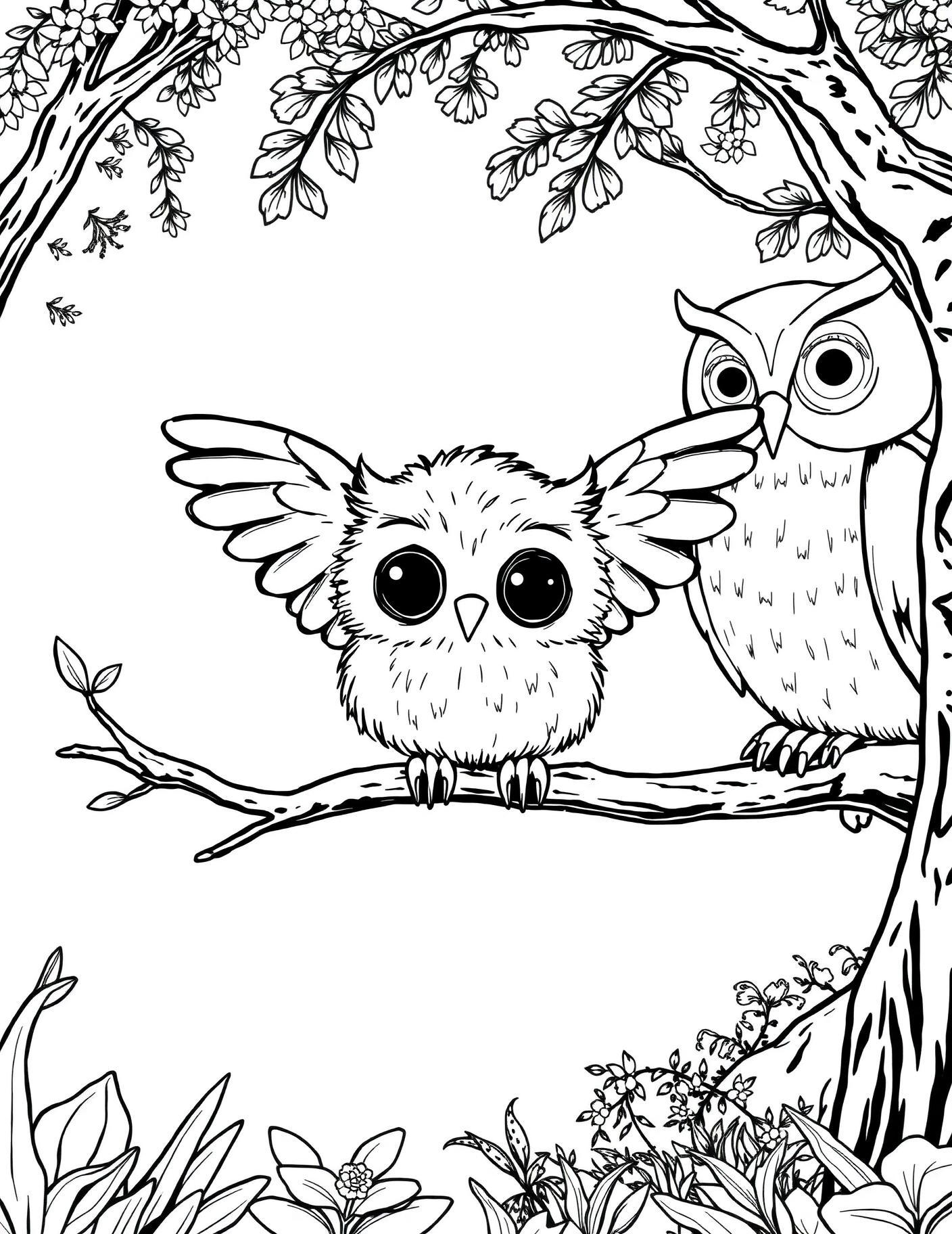 Baby Owl Learning to Fly Coloring Page cover