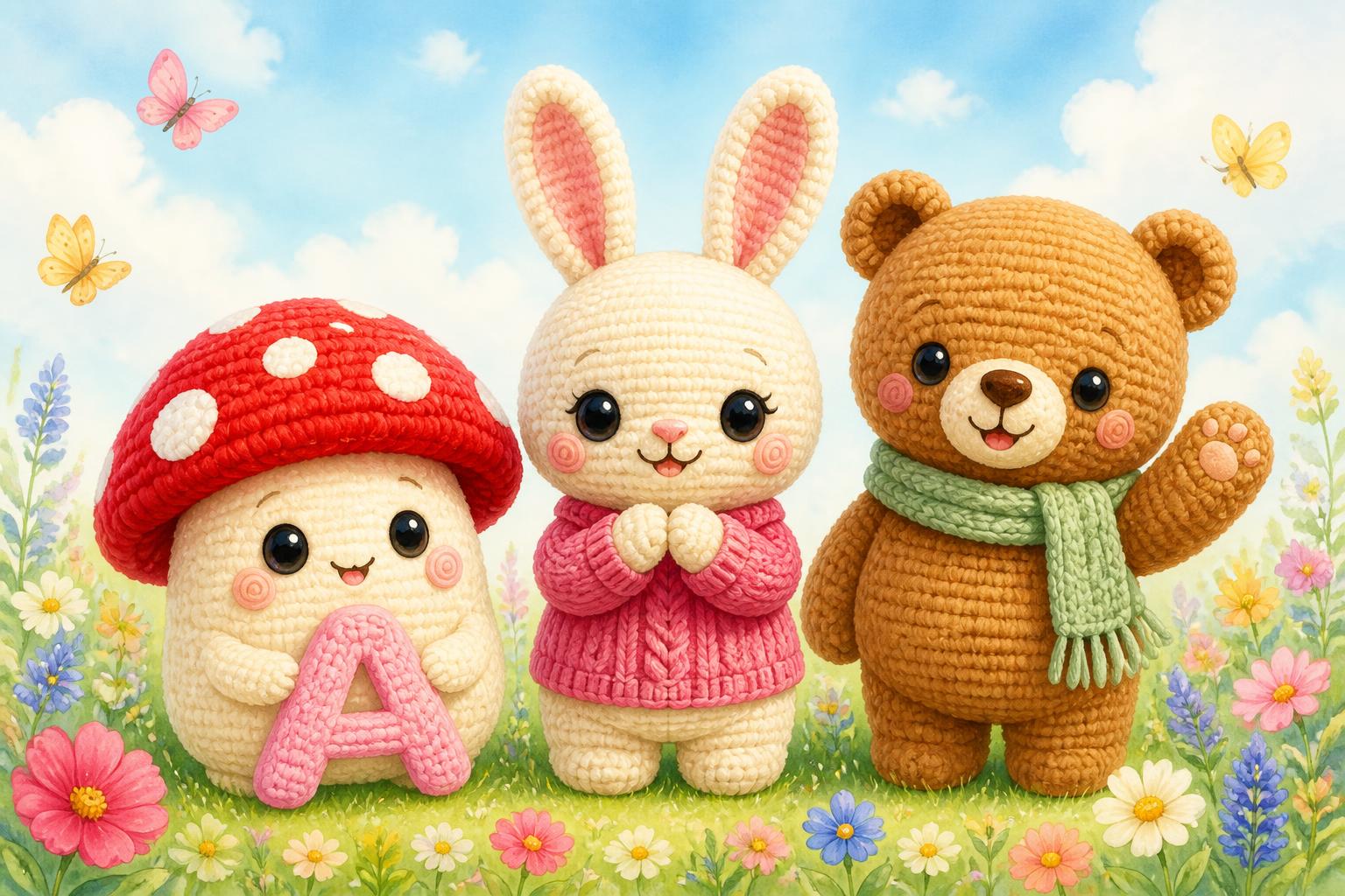 Millie the Mushroom, Beatrice the Bunny, and Oliver the Bear waving in a spring meadow